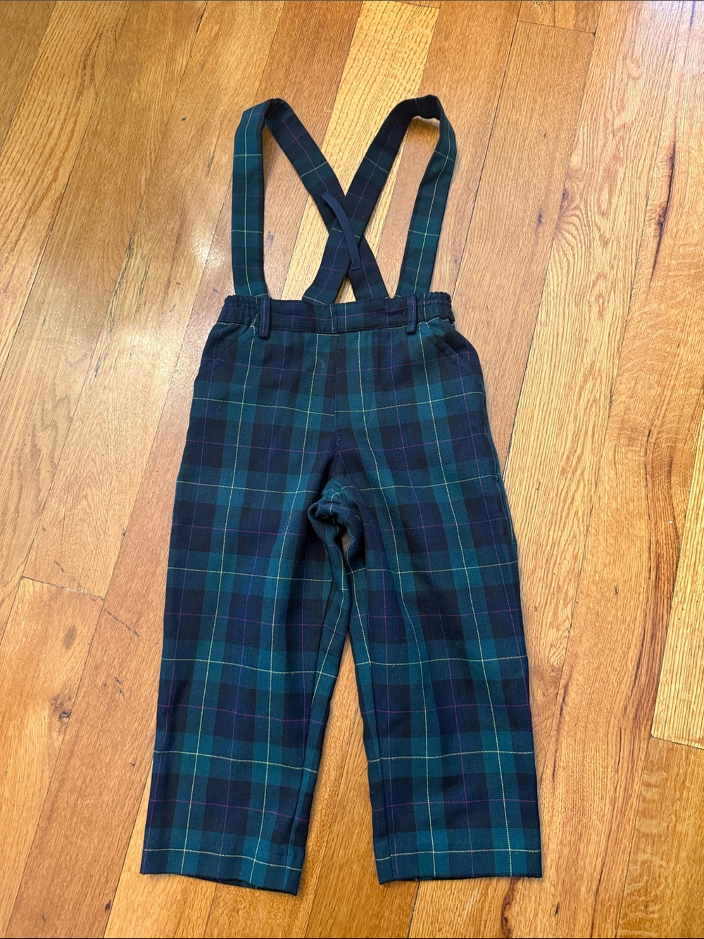 Florence Eiseman Green & Navy Plaid tartan Suspender Trousers overalls pants 3T